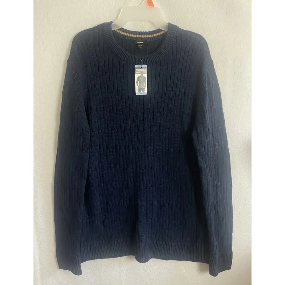 Express Men's Braided Cable Knit Sweater Long Sleeves‎ Crew Neck Pageant Blue, L